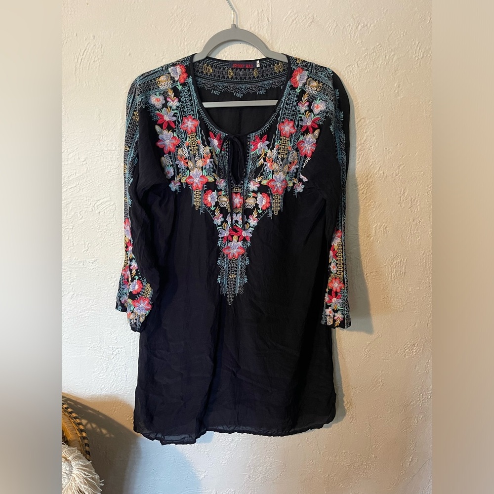 Johnny Was Black Embroidered Tunic with Pink Accents